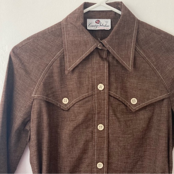 Vintage 70s Western Shirt Jacket Shacket Sharp Collar Brown Size Small - Picture 3 of 7